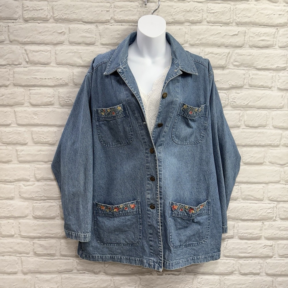 Vtg Christopher & Banks L Denim Floral Embroidered Jean Chore Jacket Fall Autumn